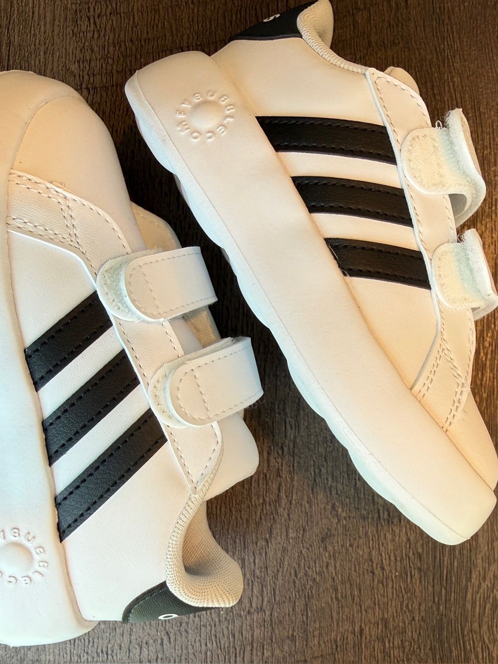 adidas Kids White Sneakers with Black Stripes & Velcro